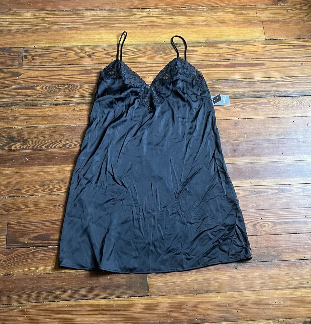 Auden Luxury Collection Slip Dress Black Lace Trim Satin Women Sz M Grunge Y2K